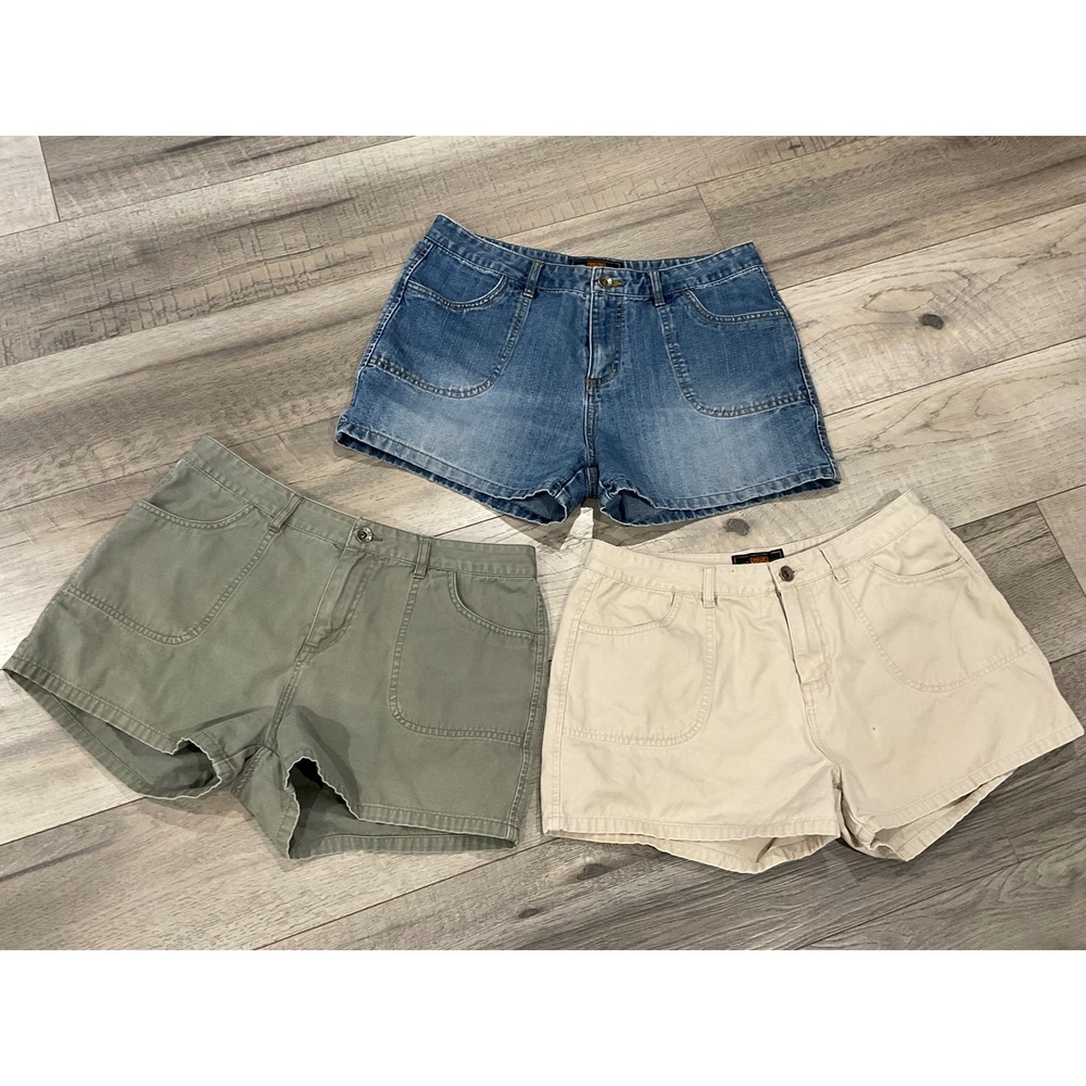 Route 66 Womens High Waisted Utility Shorts Bundle Size 10 Denim Green Khaki 3pk